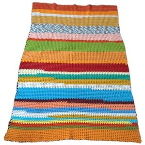 Vintage Hand Crocheted Afghan Throw Blanket Multicolor Rainbow Cottage Accent